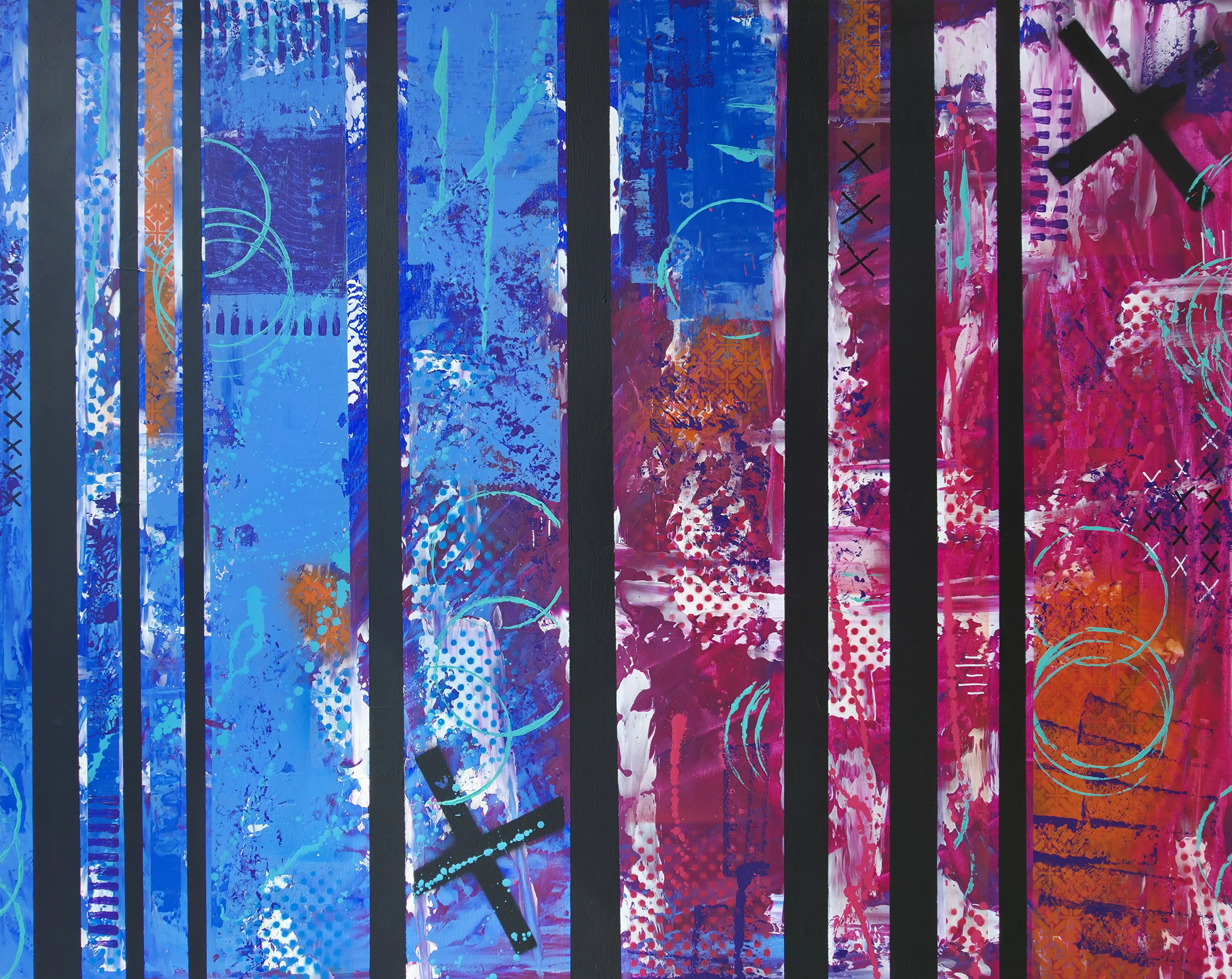 Handmade striped abstract canvas with blue and magenta color blocks, contemporary mixed media painting with urban symbols, geometric abstract wall art with black vertical dividers, textured impasto technique canvas art, street art inspired home decor with creation video, modern pop art with circular motifs